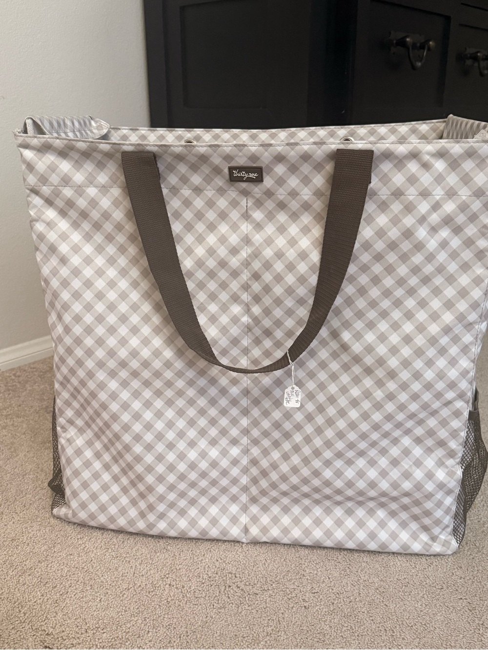 THIRTY ONE Room For Two Utility Tote gingham print with Dark Brown Handles